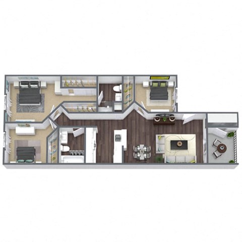 3-Bed 2-Bath  Floor Plan 3D Image