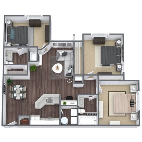 3 Bed 2 Bath 3D floor plan image