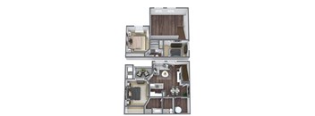 3 Bed 2 Bath (TH) 3D floor plan image