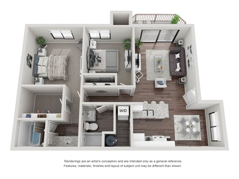 2 bedroom 2 bathroom 3D Floor Plan 22a