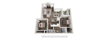 2 Bedroom 1 Bath 3D Floor Plan Millwood B1