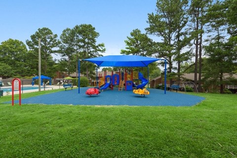 Dog-Friendly Apartments in Raleigh, NC - Spring Forest - A Playground With Slides, Climbing Structure, Blue Shade Canopy, And Open Grassy Lawn Near Pool.