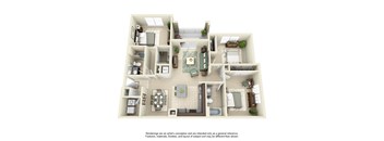 A 3D floor plan of a house with a kitchen, living room, and bathroom.