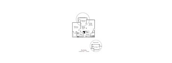 A diagram of a floor plan for a home with a kitchen, bath, and two bedrooms.