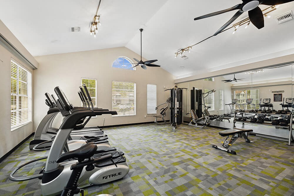 Fitness center with equipment at Vue at Baymeadows Apartments in Jacksonville, Florida