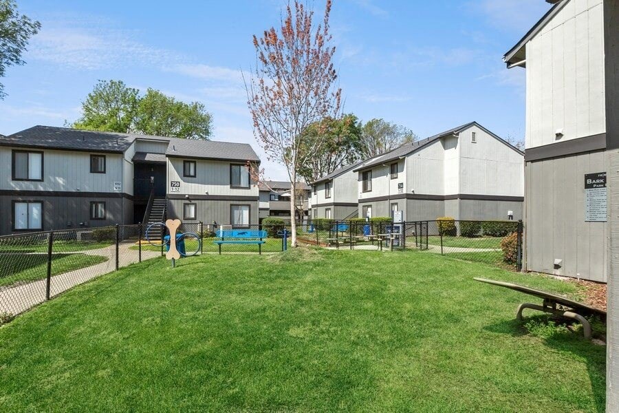 Fenced-in dog park with agility equipment at Bridges on Sunset Apartments in Suisun, CA