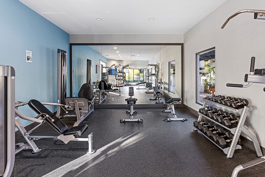 Community Fitness Center with Equipment at Santa Fe Ranch Apartments located in Carlsbad, CA.