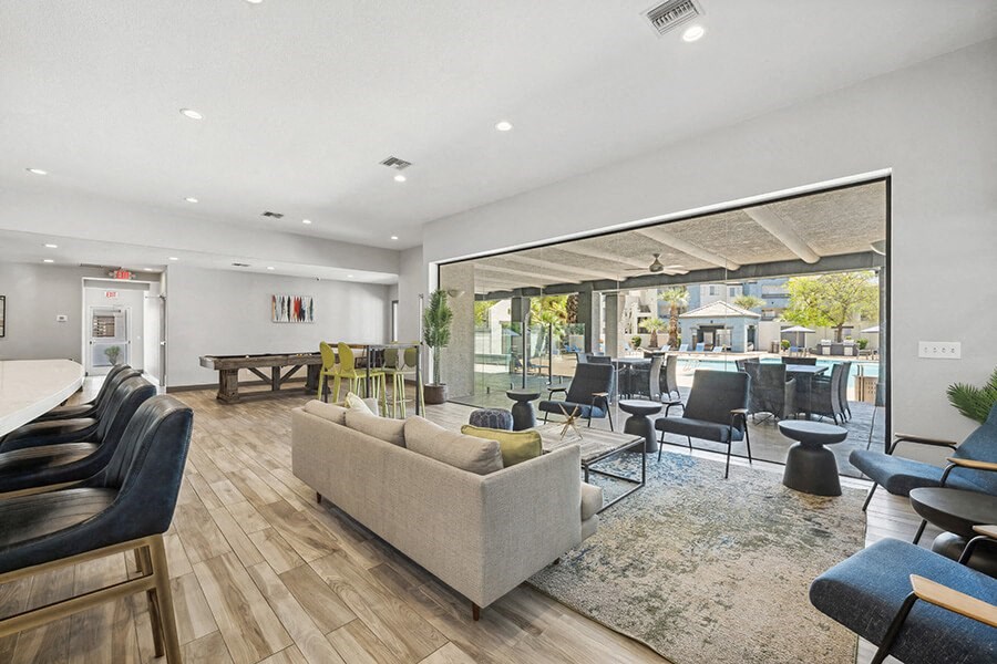 Community Clubhouse with Lounge Furniture and Game Tables at Array South Mountain, Phoenix, 85044