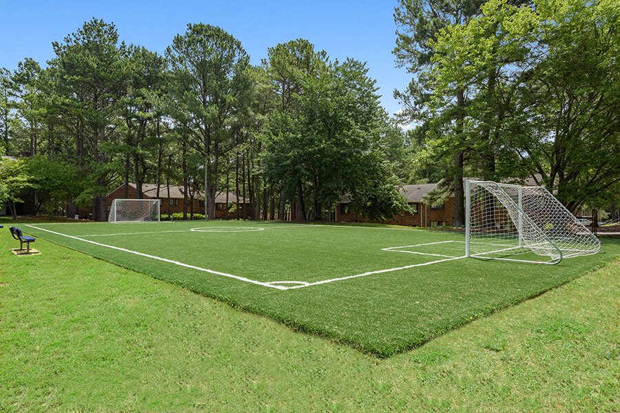 Turf soccer field surrounded by real grass