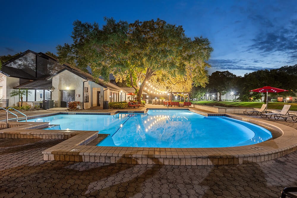 Community Swimming Pool with Pool Furniture at Carrollwood Station Apartments in Tampa, FL.