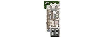a floor plan of a house with two cars and a patio