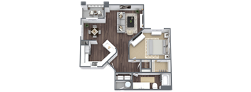 A top-down view of a house layout with a kitchen, living room, dining area, and bathroom.