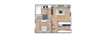 A top-down view of a house interior with a kitchen, living room, and two bedrooms.
