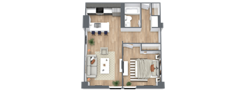 A top-down view of a living room, kitchen, and bedroom.