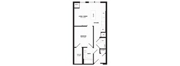 A floor plan of a small apartment with a living room, kitchen, bedroom, and bathroom.