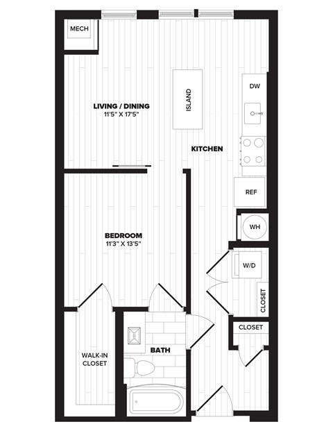 A floor plan of a small apartment with a living room, kitchen, bedroom, and bathroom.