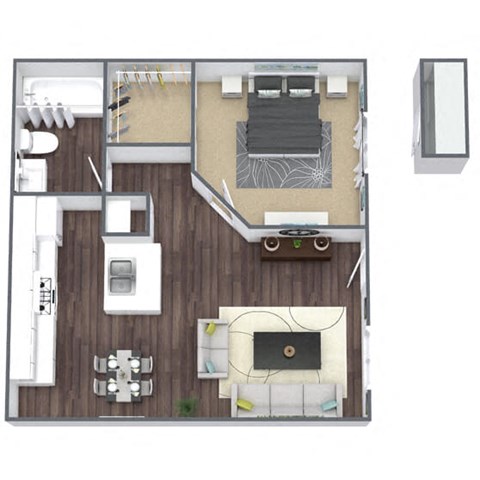 1-Bed 1-Bath Floor Plan A1 3D Image