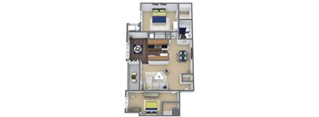 A1 2-Bed, 1-Bath Floor Plan 3D Image