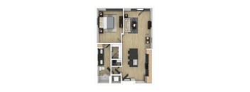 A floor plan of a small apartment with a kitchen, living room, and bathroom.