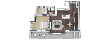 A top-down view of a house layout with a living room, dining area, kitchen, and bedrooms.