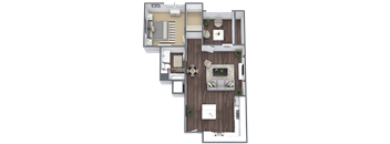 A top-down view of a house layout with a living room, kitchen, and two bedrooms.
