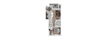 A floor plan of a house with a kitchen, living room, dining room, and bathrooms.