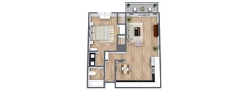 A floor plan of a house with a kitchen, living room, dining room, and bathroom.