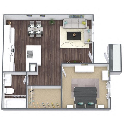1-Bed 1-Bath Floor Plan A2 3D Image