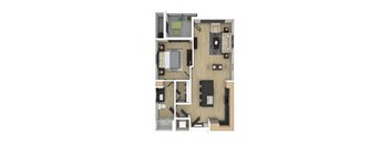 A top-down view of a small apartment layout with a kitchen, living room, and bathroom.