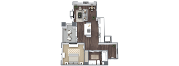 A top-down view of a house layout with multiple rooms and furniture.