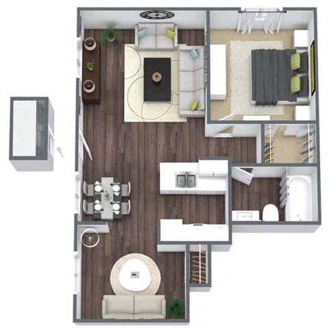 1-Bed 1-Bath Floor Plan A3 3D Image
