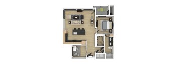 A top-down view of a modern apartment layout.