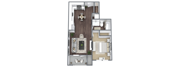 A top-down view of a modern apartment layout with a living room, kitchen, and bathroom.
