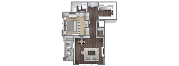 A top-down view of a house layout with a living room, kitchen, and bedrooms.