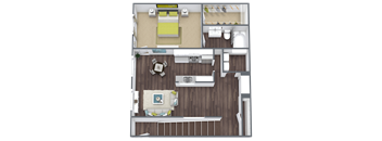 A top-down view of a room with a bed, a couch, a dining table, and a kitchen area.