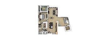 A floor plan of a house with a kitchen, living room, and two bedrooms.