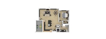 A 3D floor plan of a small apartment with a living room, kitchen, and bathroom.