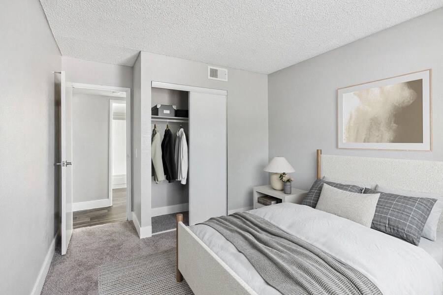 a bedroom with a bed and a closet