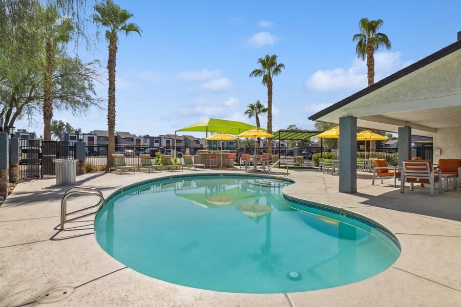 the swimming pool at Accent at Sahara, with palm trees