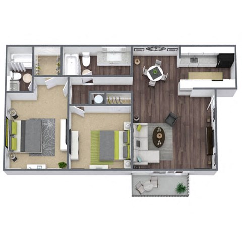 2-Bedroom, 2-Bathroom Floor Plan, 939 SQFT.