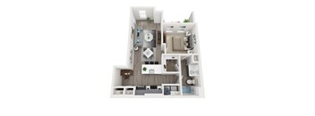 A top-down view of a modern apartment layout with a kitchen, living room, and bathroom.