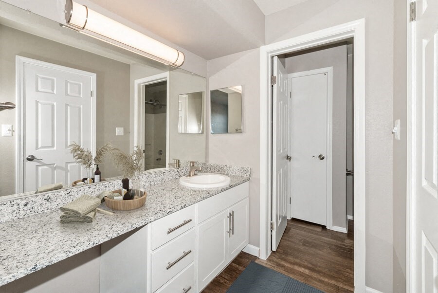 Model apartment bathroom at Array South Mountain, Phoenix, AZ, 85044