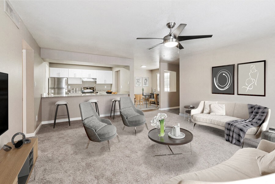 Model apartment living room at Array South Mountain, Arizona, 85044
