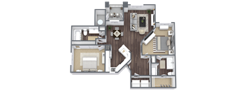 A 3D floor plan of a house with multiple rooms and furniture.