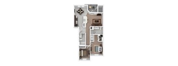 A floor plan of a two-bedroom apartment with a living room, kitchen, and bathrooms.