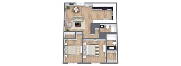 A top-down view of a house layout with a living room, kitchen, and two bedrooms.