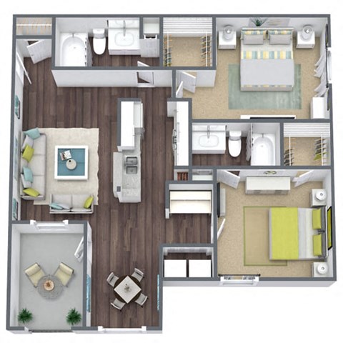 B1 Floor Plan, 2 bed 2 bath
