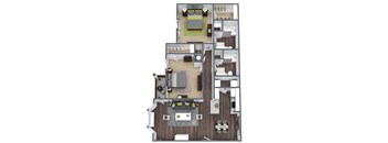 B1 Floor Plan, 2-Bed 2-Bath, 1,114 SQFT
