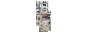 B1 3-Bed, 2-Bath Floor Plan 3D Image