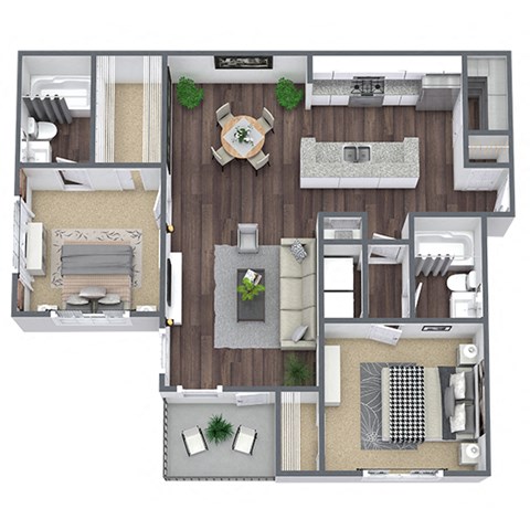 2 Bed - 2 Bath Floor Plan, 1050 SQFT